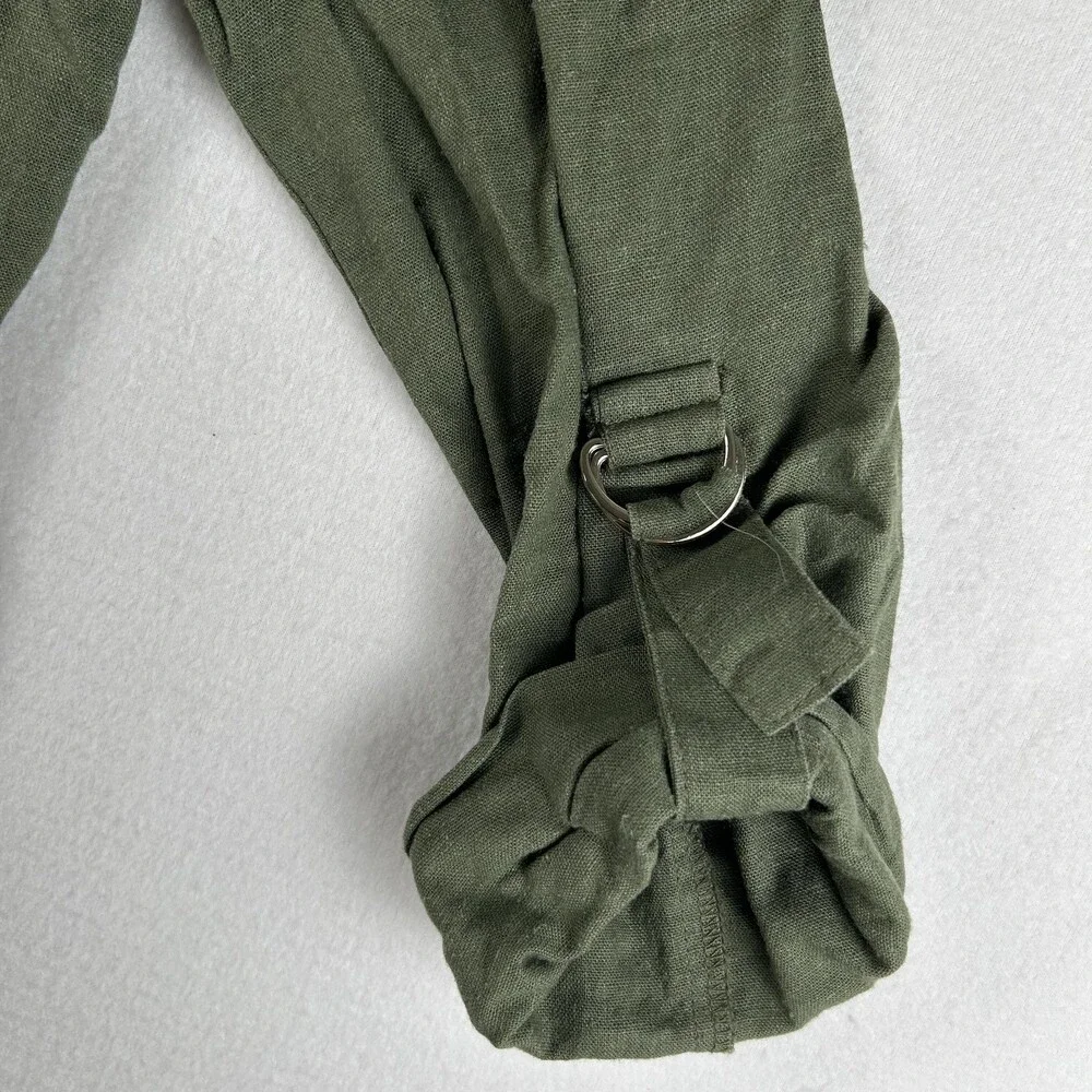 HAVE Jacket Womens Large Green Linen Blend Open Front Roll Tab Sleeves D Ring